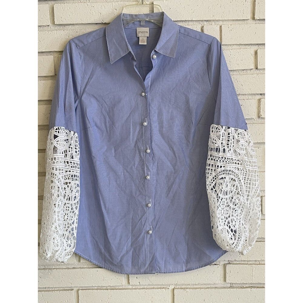 Chico's sz 0 Blue Lace Balloon Sleeve Striped Pearl Button Down shirt, sz Sm/4